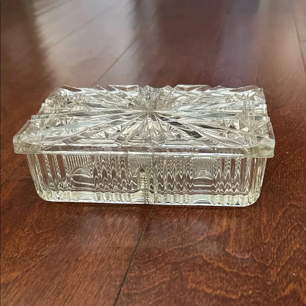 Vintage Clear Glass Jewelry Box or Catch All, Divided into Two Compartments,